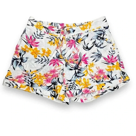 Per Se Tropical Floral Print Linen Shorts Stretch Waist Drawstring Tie Large - Picture 1 of 9